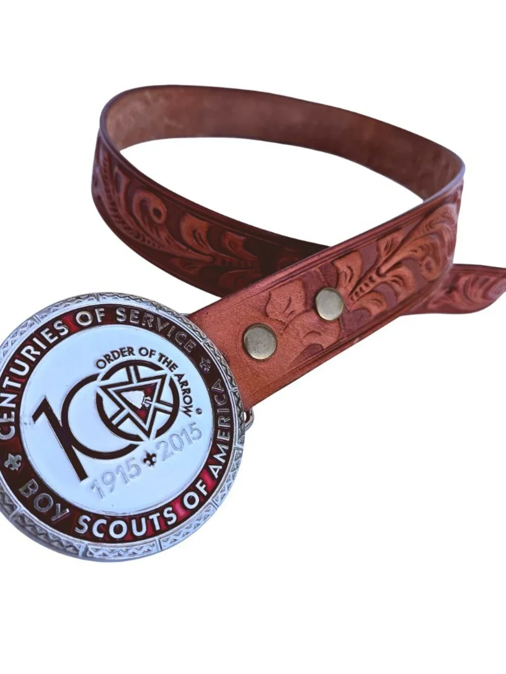Boy Scouts Centennial Hand Tooled Leather Belt Bison Designs Symbol Buckle 2015